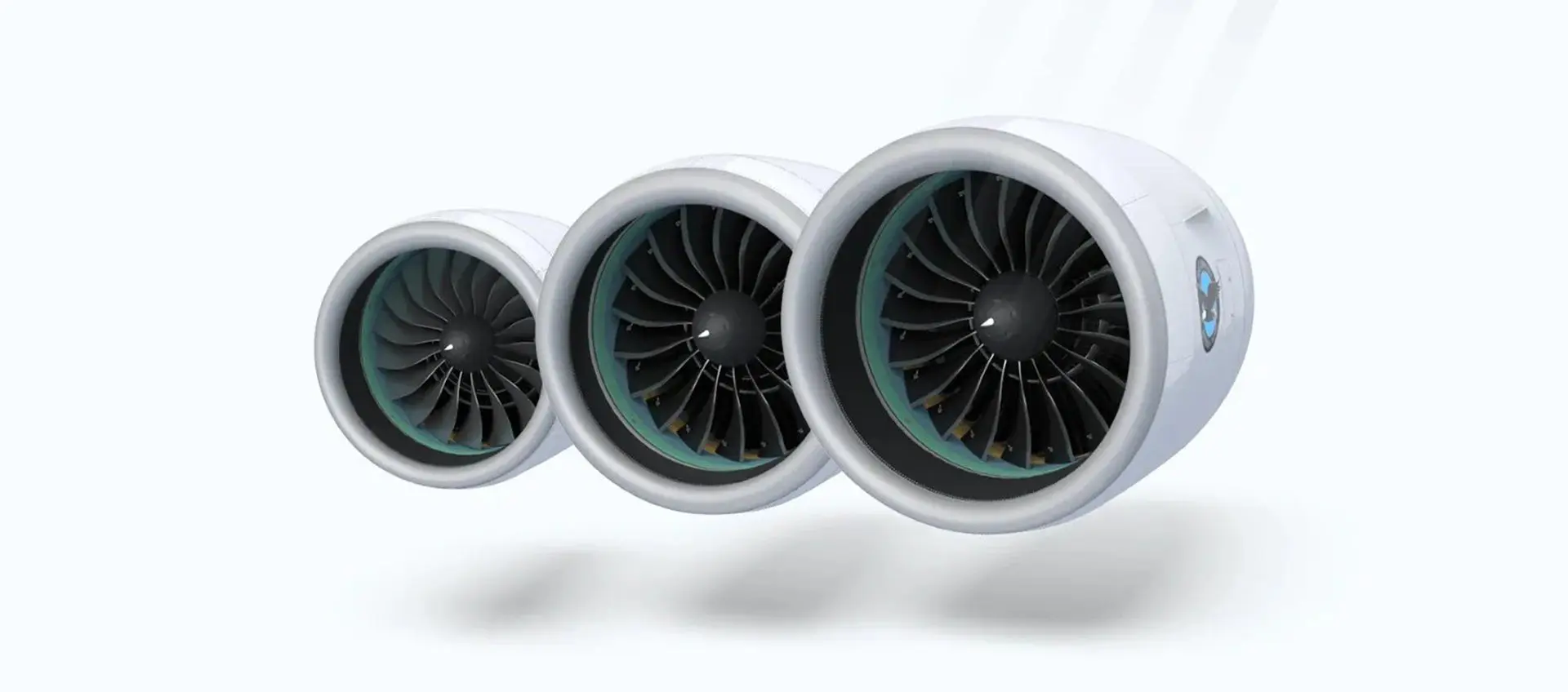 Three jet engines are shown in a row.