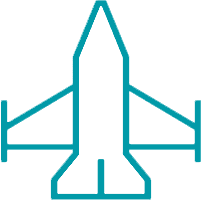 Illustration of a simple blue plane icon with a body, wings, and tail fins.