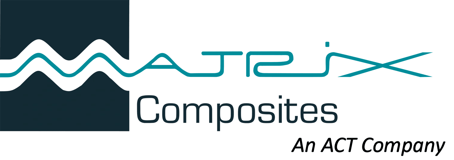 Logo of matrix composites, an act company, featuring stylized waves above the company name.